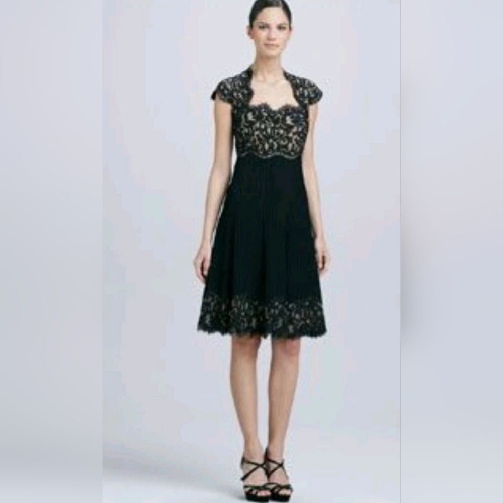 Tadashi Shoji Black Lace Pleated Cocktail Dress Cap Sleeve Size 8
